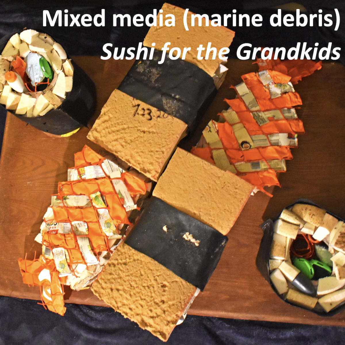 marine debris art in the shape of sushi